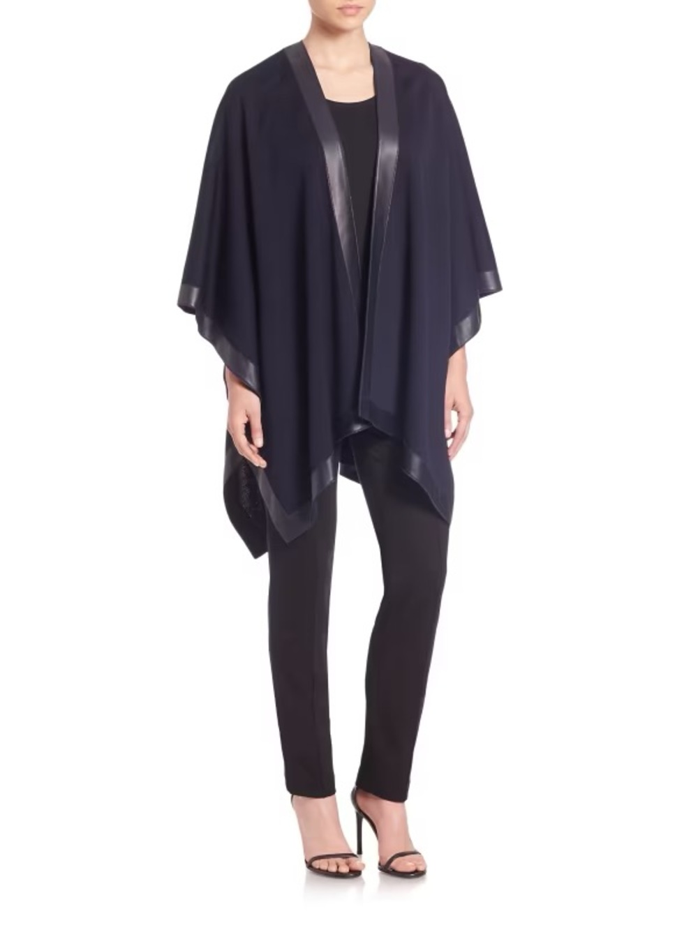 St. John Navy Draped Cape with Leather Trim